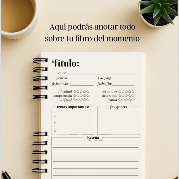Interior agenda para registro de libros Book Tracker lectura